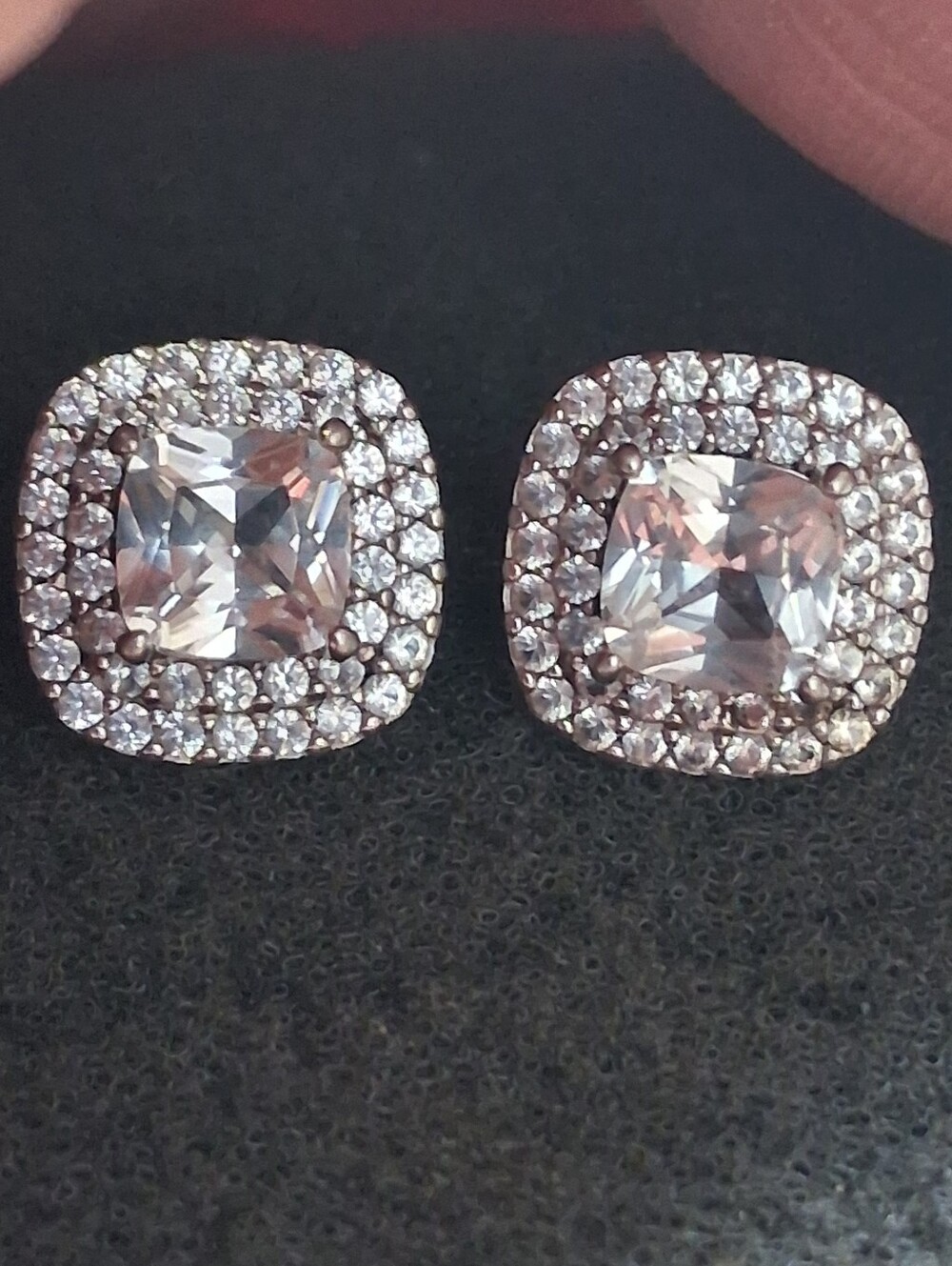 White sapphire cushion cut halo pave set sterling silver stud earrings